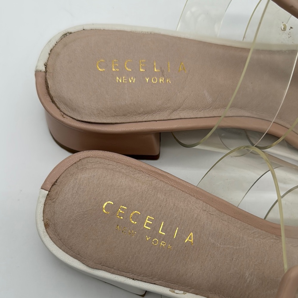 CECELIA NEW YORK Two-Tone Beige Cream Clear Buckle Slide Sandals - Picture 2 of 9